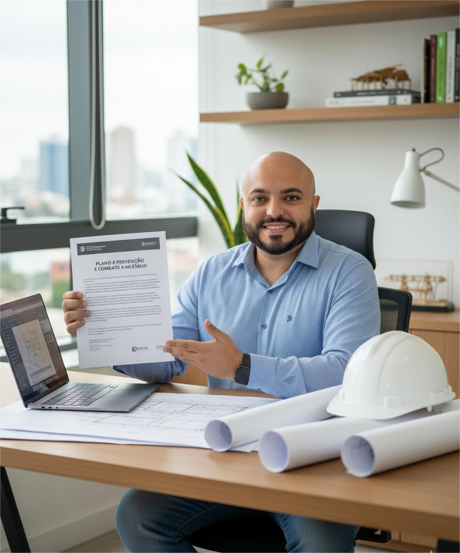 Eng. Daniel Morobosi, Engenheiro Civil, mostrando um laudo de prevenção de incêndio.